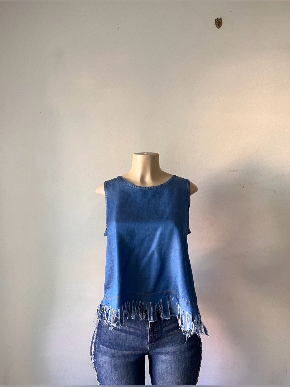 New Italian 100% Tencel Frayed Blue Tank Top